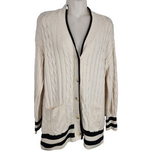Loft Womens Tipped V Neck Pocket Cardigan Sweater Large Cream Black Cable Knit